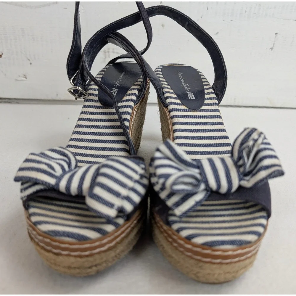 American Eagle Womens 7W Navy Stripe Bow Espadrille Platform Wedge Sandals